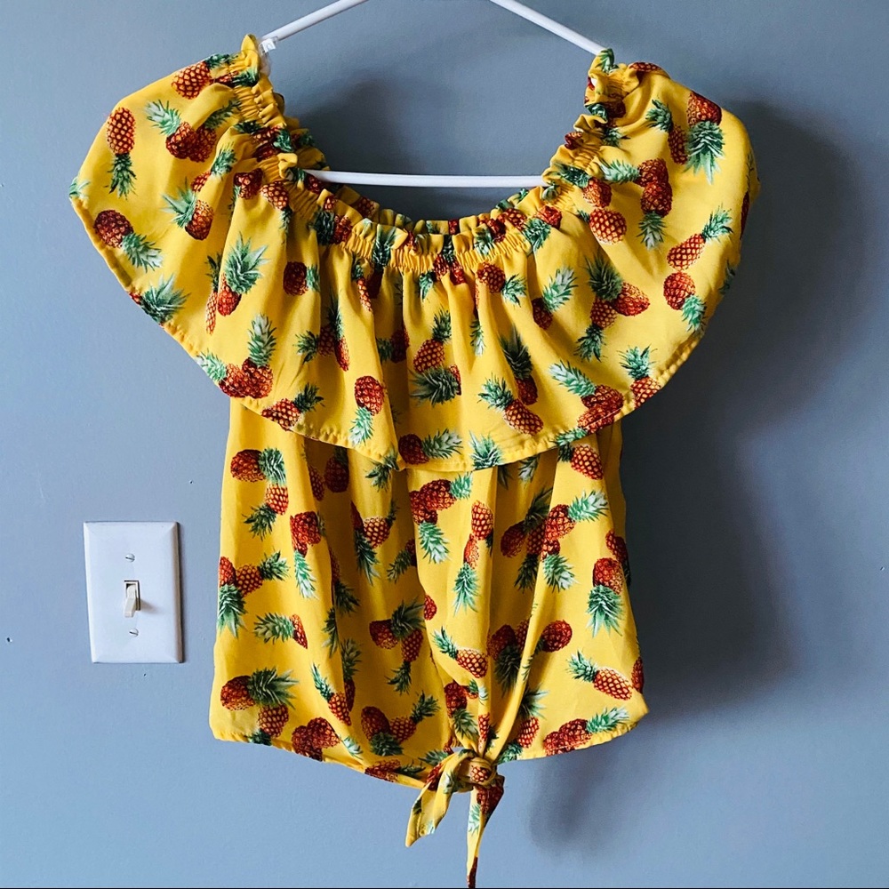 Blashe yellow pineapple off shoulder tie front top